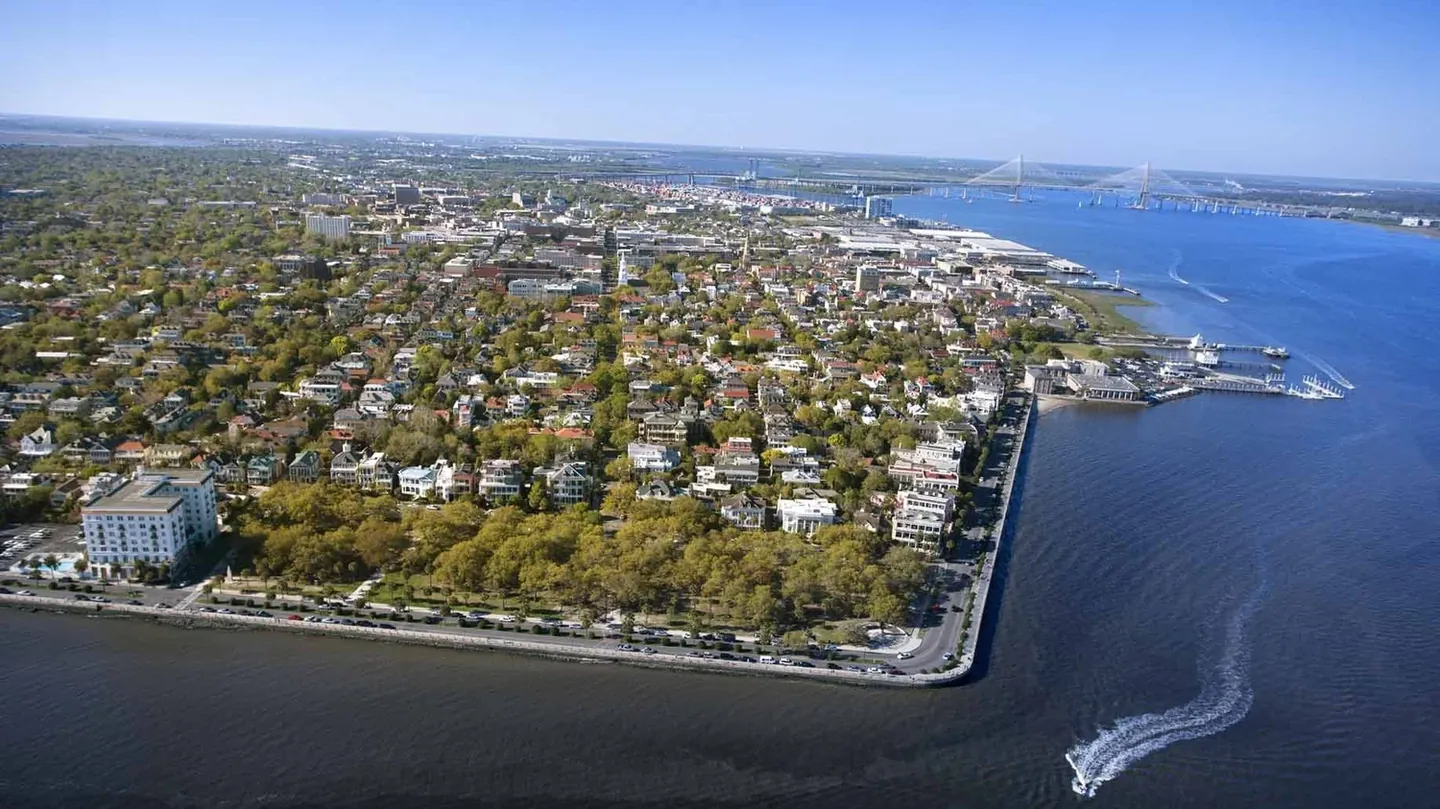 Aerial view of the Charleston peninsula and waterfront